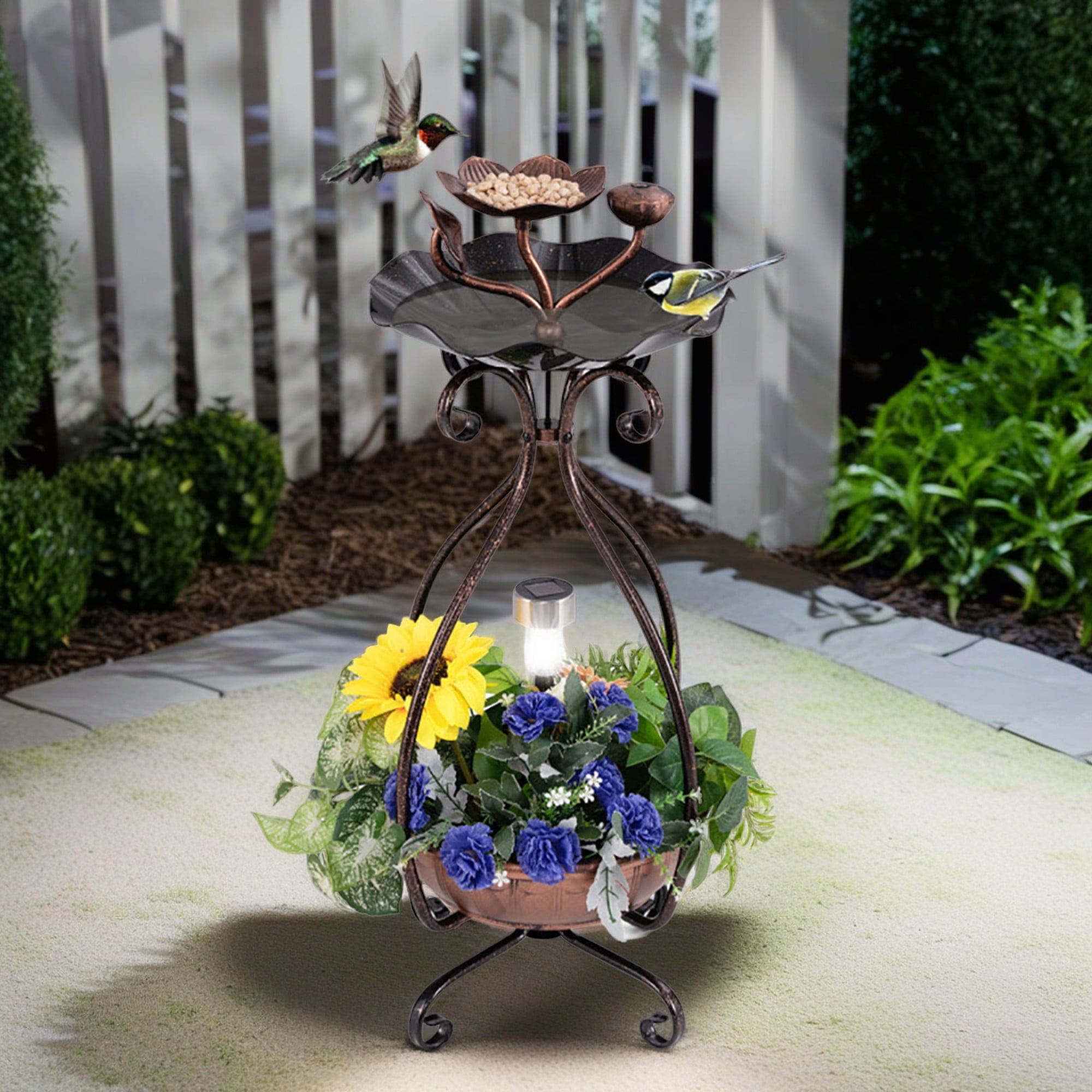 Pefilos 31" Outdoor Pedestal Garden Bird Bath with Solar Light, Bird Feeder and Flower Planter, Standing Lotus Leaf Bowl Birdbath, Brown Pefilos 31" Outdoor Pedestal Garden Bird Bath with Solar Light, Bird Feeder and Flower Planter, Standing Lotus Leaf Bowl Birdbath, Brown