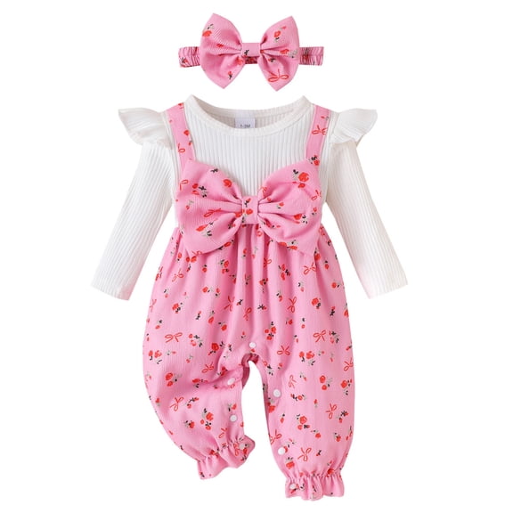 Wxirdiow Baby Bubble Romper Newborn Baby Girls Smocked Romper Preemie Long Sleeve Going Home Outfit with Bow Headband Pink Size,6-9 Months