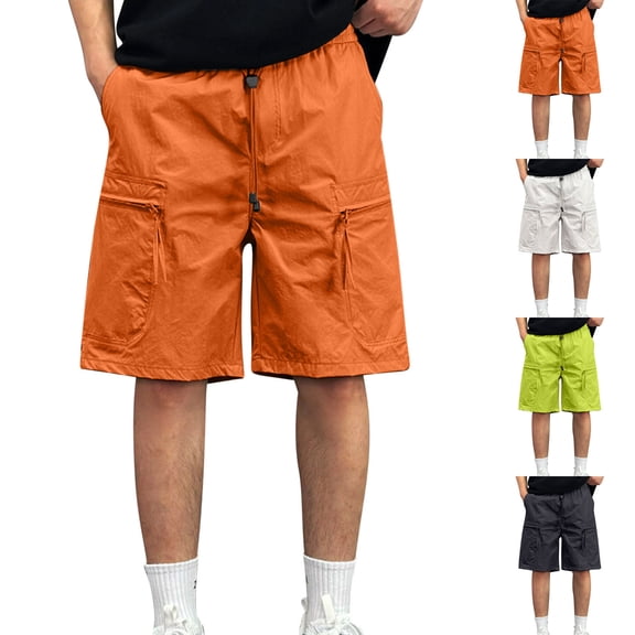 Yourumao Mens Bermuda Cargo Shorts Elastic Waist Knee Length Shorts Drawstring Lightweight Summer Pants Big and Tall Hiking Shorts with Pockets