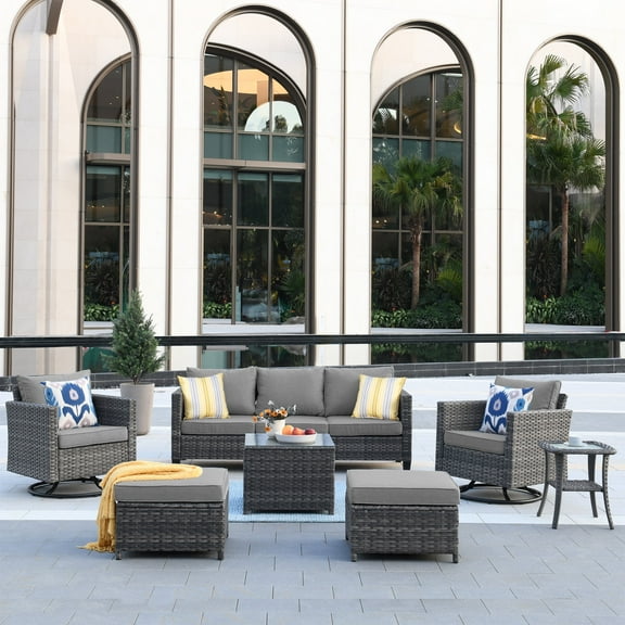 Ovios Outdoor Patio Furniture Set with 360 Degree Swivel Rocking Chairs 7 Pieces All Metal Frame Weather Wicker Patio Sectional Sofa with Coffee Table