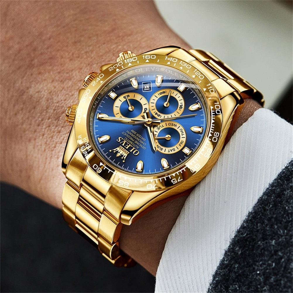 OLEVS Automatic Watches for Men Self Winding Chronograph Mechanical Luxury Dress Stainless Steel Calendar Date Waterproof Luminous Mens Wrist Watches Gift Reloj Para Hombre Gold/Black/Blue/Green Dial