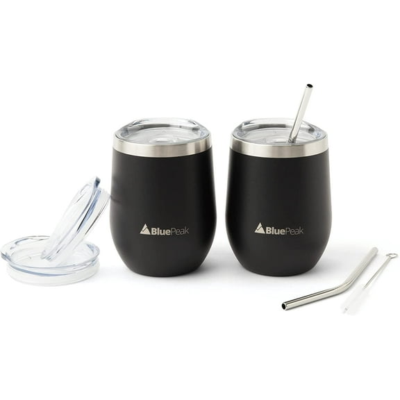 BluePeak Double Wall Stainless Steel Vacuum Insulated Tumbler Set, 2-Pack, 12 oz (Black)