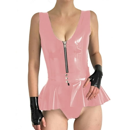Women Sexy Patent Leather Bodysuit Party Sleeveless PVC Rompers with Skirted Belt V-neck Zipper Playsuit