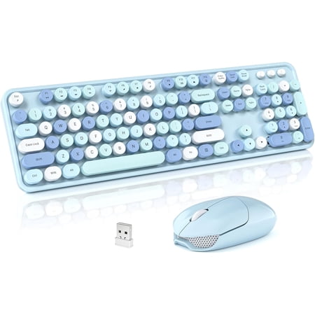 Retro Wireless Typewriter Keyboard with Number Pad and 2.4GHz Wireless Mouse Combo for PC/Laptop/Desktop (Black Purple Colorful)