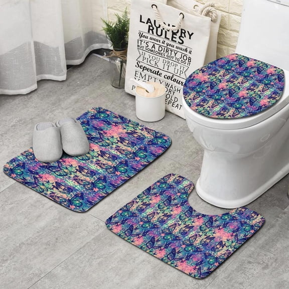 Green Blue Butterfly Pink Purple Pattern Bathroom Rugs Sets 3 Piece,Toilet Cover Set,Absorbent Non Slip Bathroom Mats Sets with U-Shaped Contour Rug Toilet Rug Set