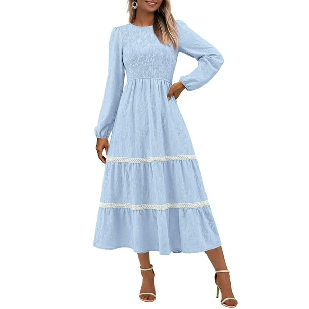 Vestido midi PRETTYGARDEN de manga larga con estampado floral fruncido para mujer