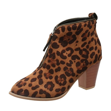

Mackneog Ladies Vintage Suede Leopard Print Front Zip Chunky High Heel Short Boots Gift on Clearance