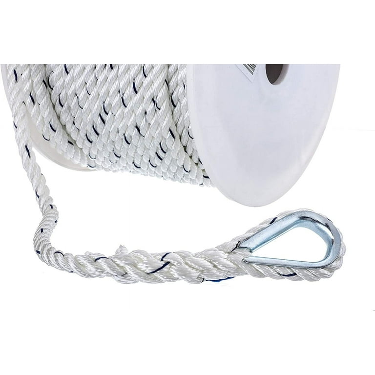 Seachoice Boat Anchor Line Rope, 3-Strand Twisted, Nylon, White/Blue, 3/8  In. X 150 Ft. 