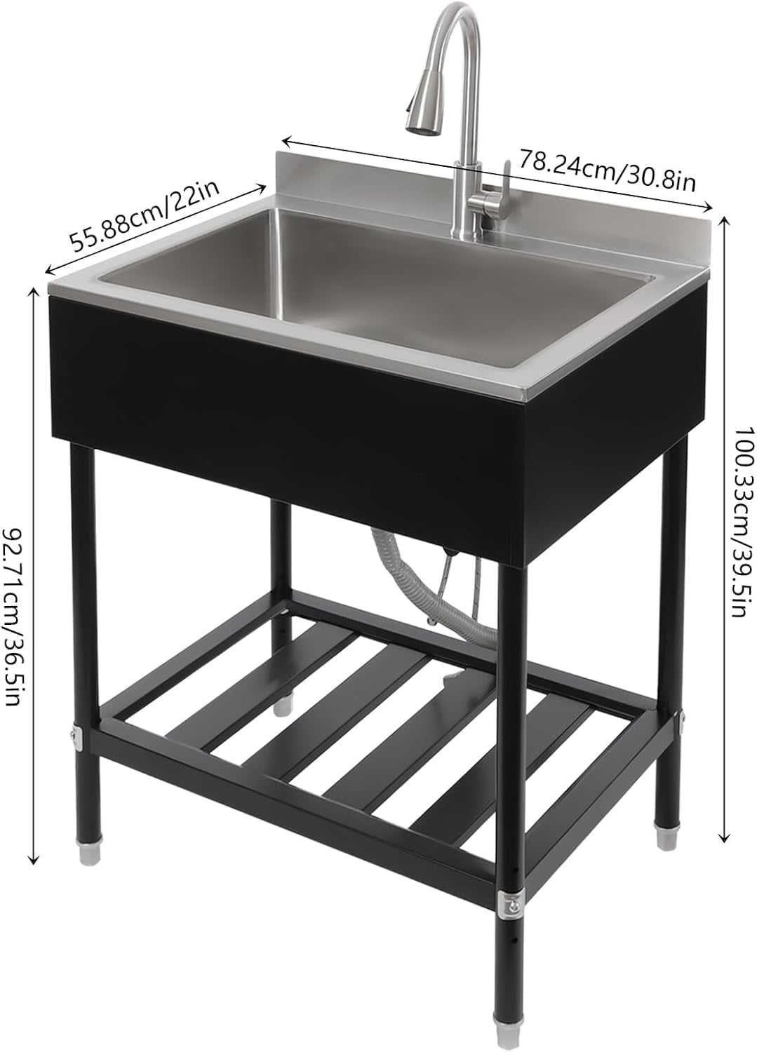 Utility Sink Free Standing Kitchen Sink w/Cold & Hot Faucet, 304-Stainless Steel Single Bowl Sink Laundry Outdoor Sink for Restaurant, Laundry Room, Bathroom Farmhouse (Black)