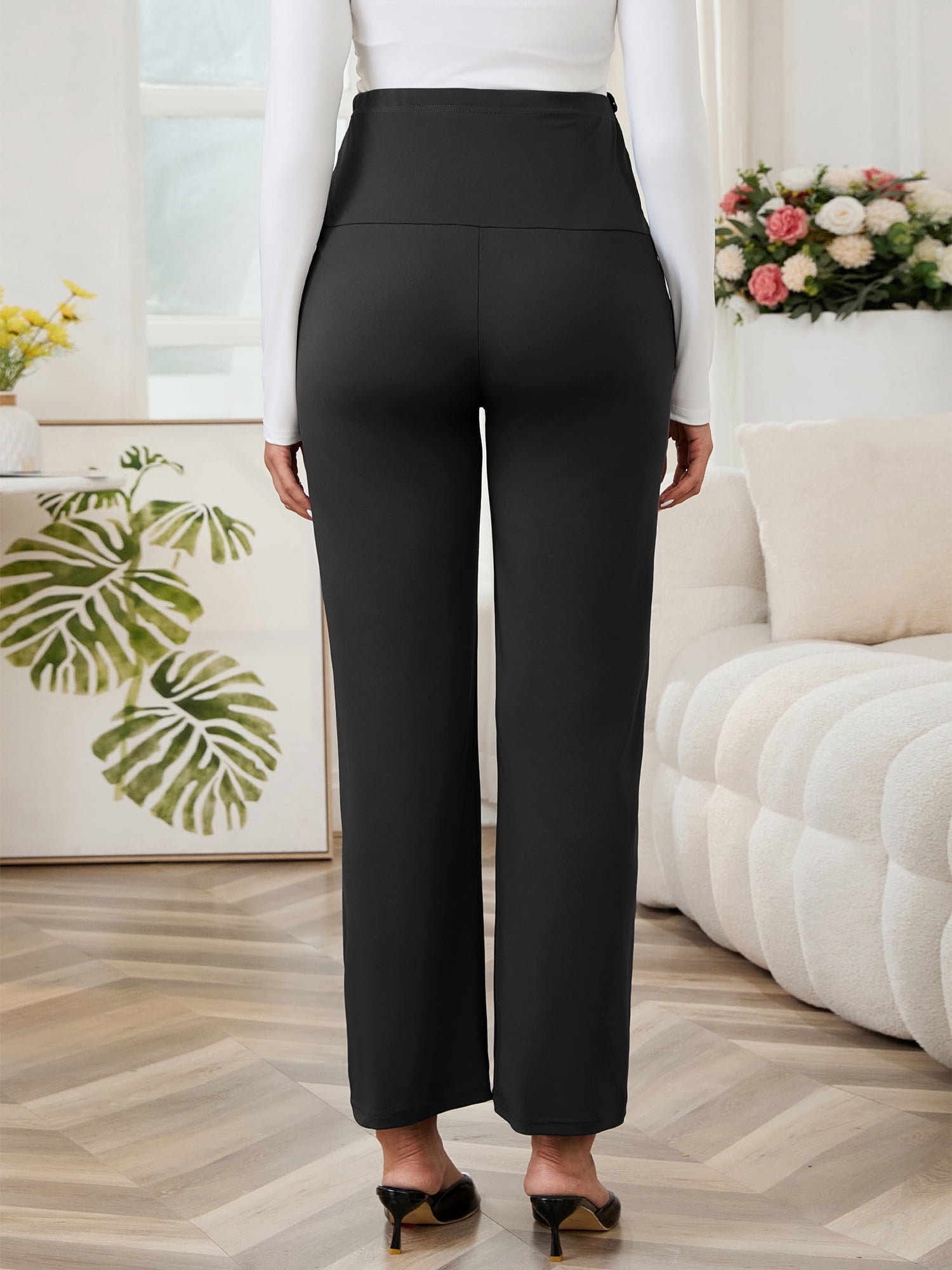 DARING DIVA Women's Wide Leg Over Belly Elastic Maternity Pants L Black