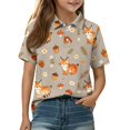 thumbnail image 2 of Girl School Uniform Henley Short Sleeve Cute Cartoon Animal Print T Shirts Button Closure Comfy Active Polo Shirts, 120, 2 of 5