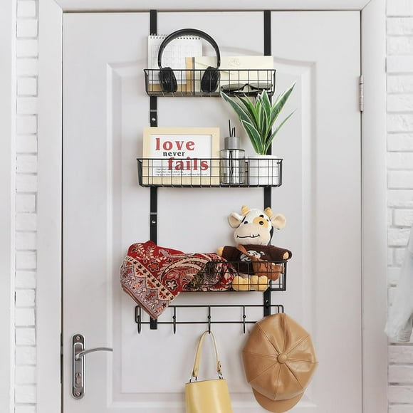 Hltpop Over The Door Basket Organizer 3 Tier Hanging Kitchen Storage Rack Heavy Duty Pantry Organizer with 3 Basket and 5 Hooks Door Back Metal Wire Basket for Kitchen Bathroom Office