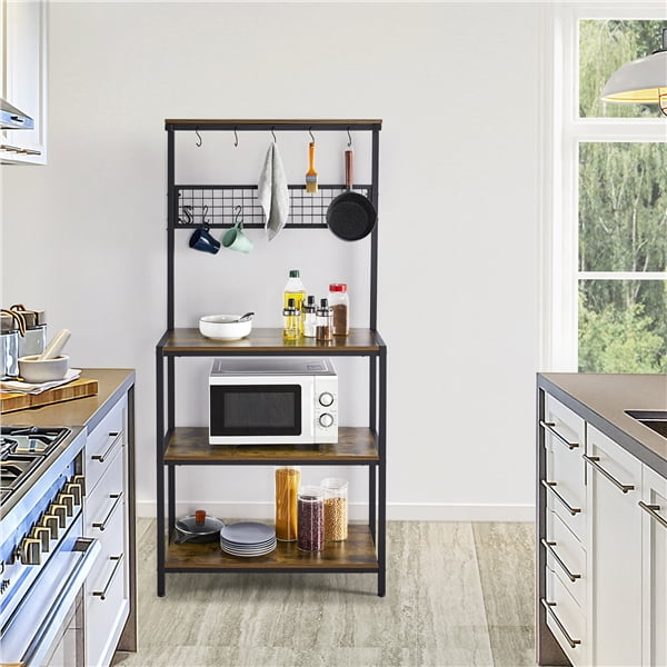 Topeakmart 67''H Kitchen Bakers Rack Utility Storage Shelf Unit with 4 Storage Shelves & 10 Hooks & Adjustable Feet Rustic Brown