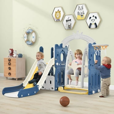 Gymax 2-Step Children Castle Slide Basketball Hoop and Telescope Toy ...