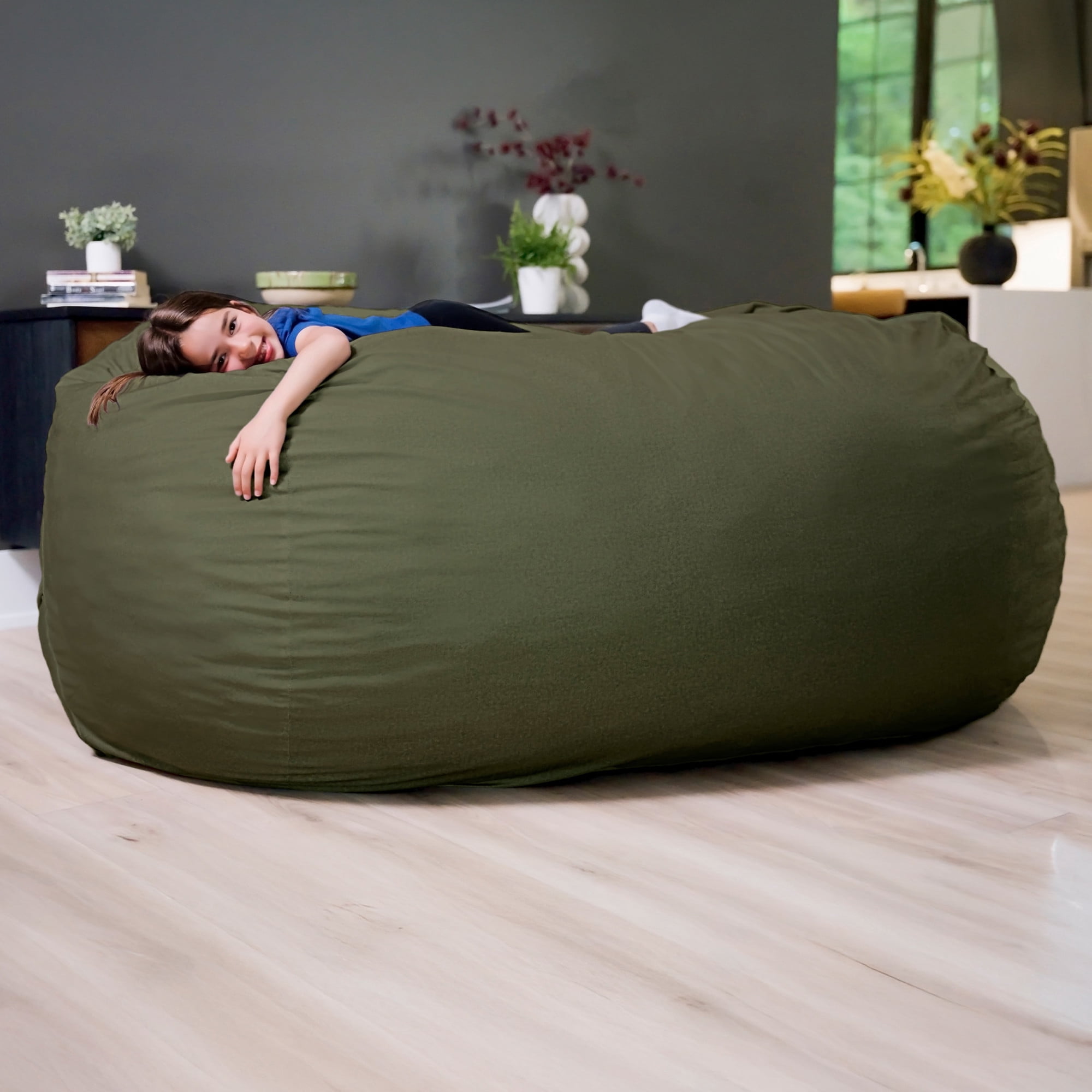 Big Joe Fuf 8Ft Giant Foam Bean Bag Chair, Oversized Couch with Removable Cover for Kids, Teens, Adults, Forest Green Velveteen, Durable Woven Polyester, 8 Foot