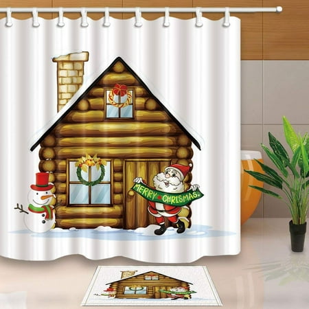 ARTJIA Christmas Santa Snowman Log Cabin Shower Curtain 66x72 inches with Floor Doormat Bath Rugs 15.7x23.6