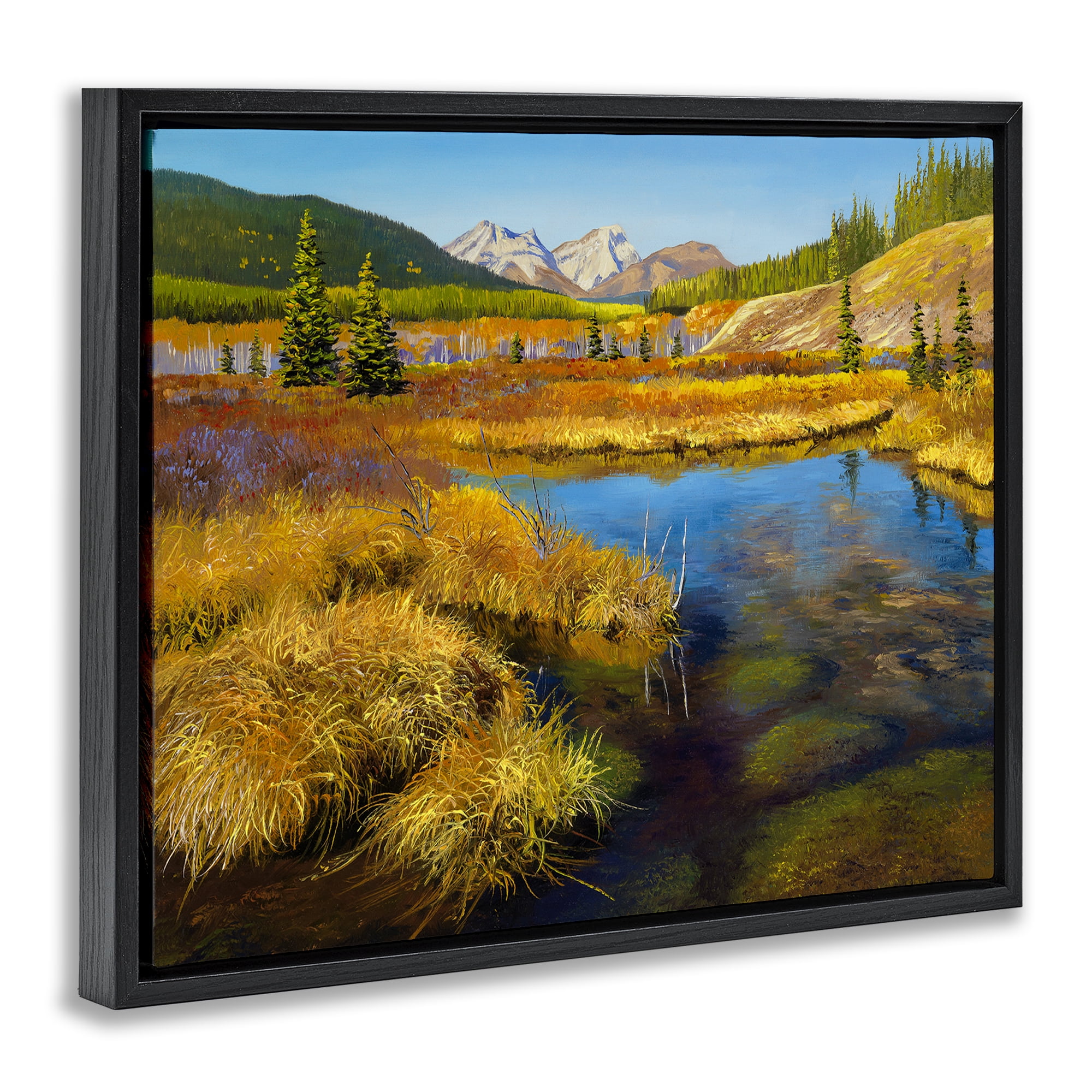Stupell Industries Lush Pond Landscape Landscape & Nature Painting Black Floater Framed Canvas Art Print Wall Art, 21 x 17