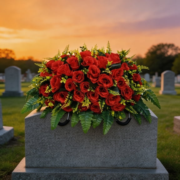 Roiihwy Memorial Day Decor Artificial Satin Saddle Flower, Tombstone Decoration, Cemetery Grave Memorial Flower, 23.6in Red