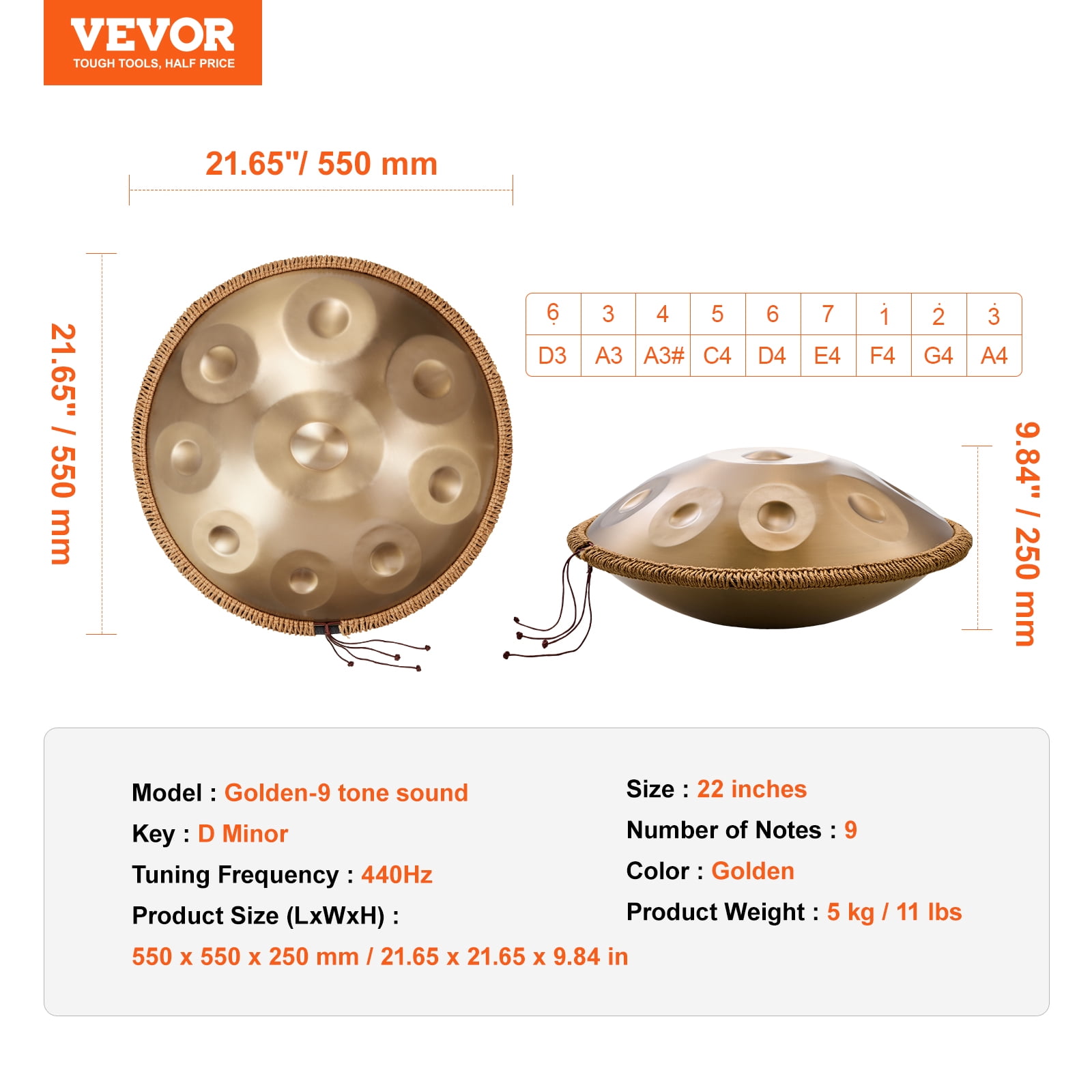 VEVOR Handpan Drum, 22 in & 9 Notes, D Minor Hand Drum, Hand Pan Drum Instrument with Mallets, 440Hz Handpan Stand & Carry Bag, Steel Healing Sound Drum, Percussion Instruments for Adults Beginners