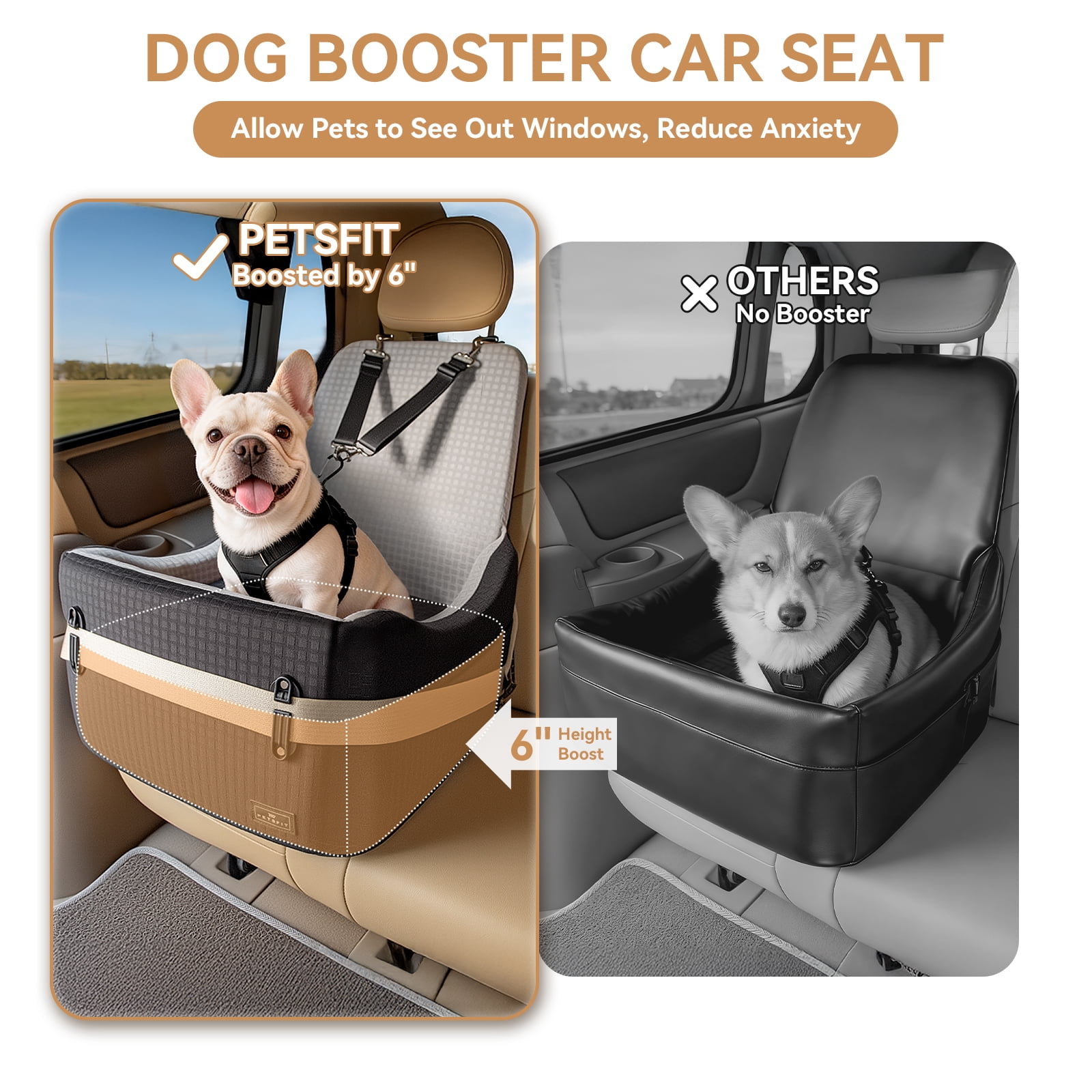 PETSFIT Dog Booster Car Seat for Small/Medium Dogs Up to 35 lbs – Patented Safety System, 6" Memory Foam Pet Booster Car Seat, Fully Detachable and Washable,2 Storage Pockets (Black & Grey)