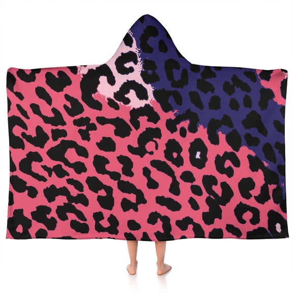 Pink and Black Of Leopard Print Hooded Bath Towel，50"x30" for Ages 3 To 12 Kids, Quick Dry Lightweight Soft Microfiber Hood Beach Towel Cover Up for Kids