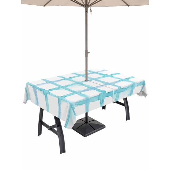 Outdoor Tablecloth with Umbrella Hole for Patio/Picnic/Party/Camping, Blue Plaid Waterproof Table Cloth Rectangle Table Cover Washable, Farmhouse Buffalo Check Stripes Modern Geometric (60"x 120")