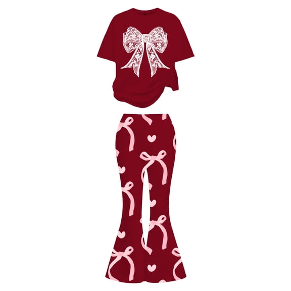 WOYY Girls Outfits Comfy Bow Short Sleeve T-Shirt and Flared Pants Set, Sizes 7-13