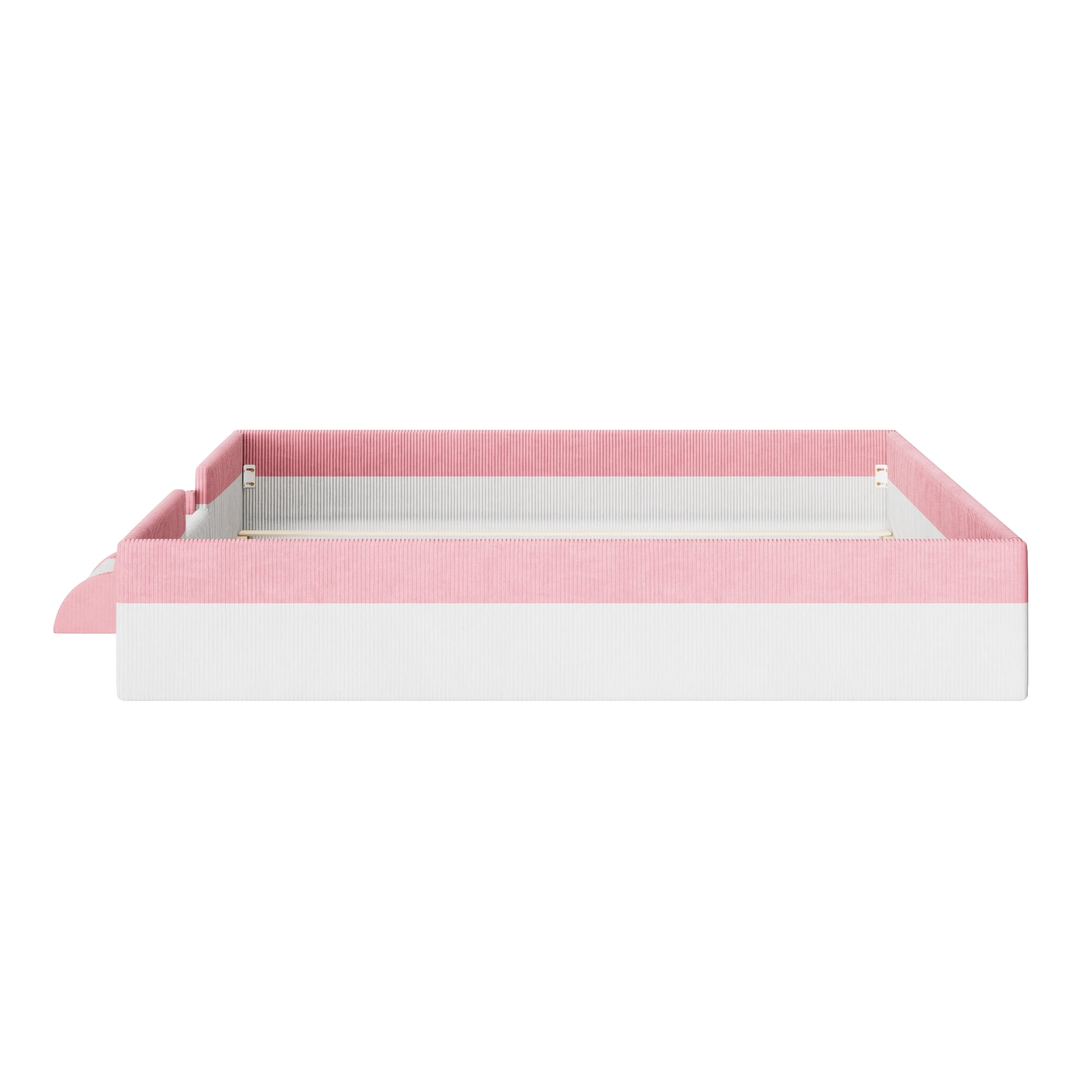 Howcool King Size Corduroy Upholstered Floor Bed with Fence and Smart LED Lights,2-Tier Steps Platform Bed Frame,Pink+White