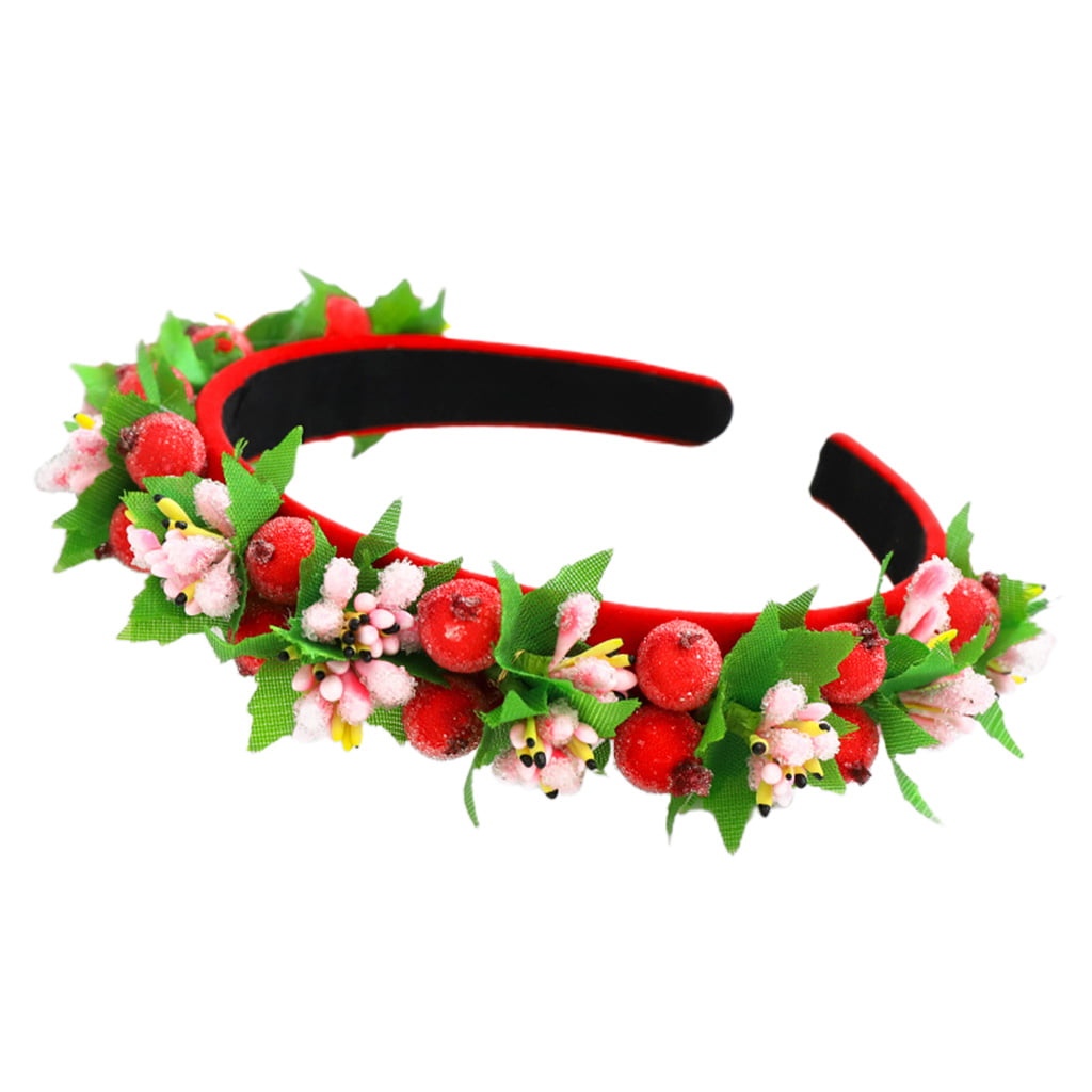Red 1PC Xmas Wreath Headband Simulated Red Berry Green Plant Hair Hoop Decor