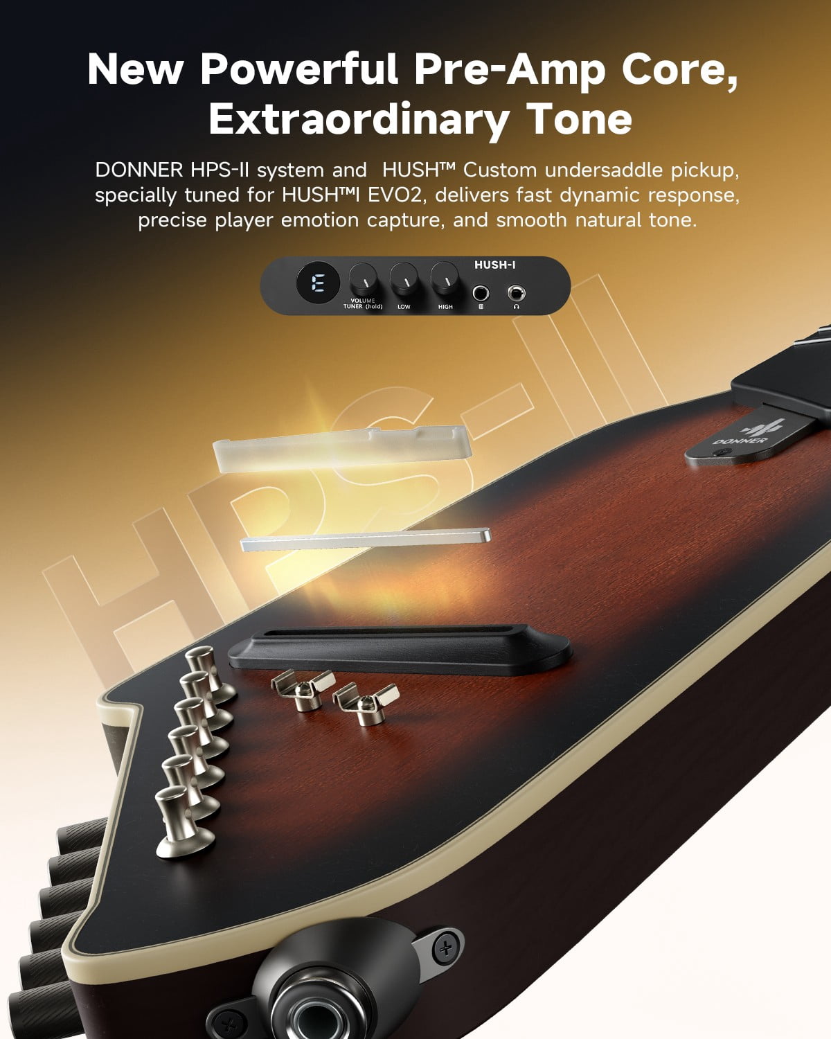 Donner HUSH-I EVO2 Travel Acoustic Guitar Quiet Practice for Home, Sunburst