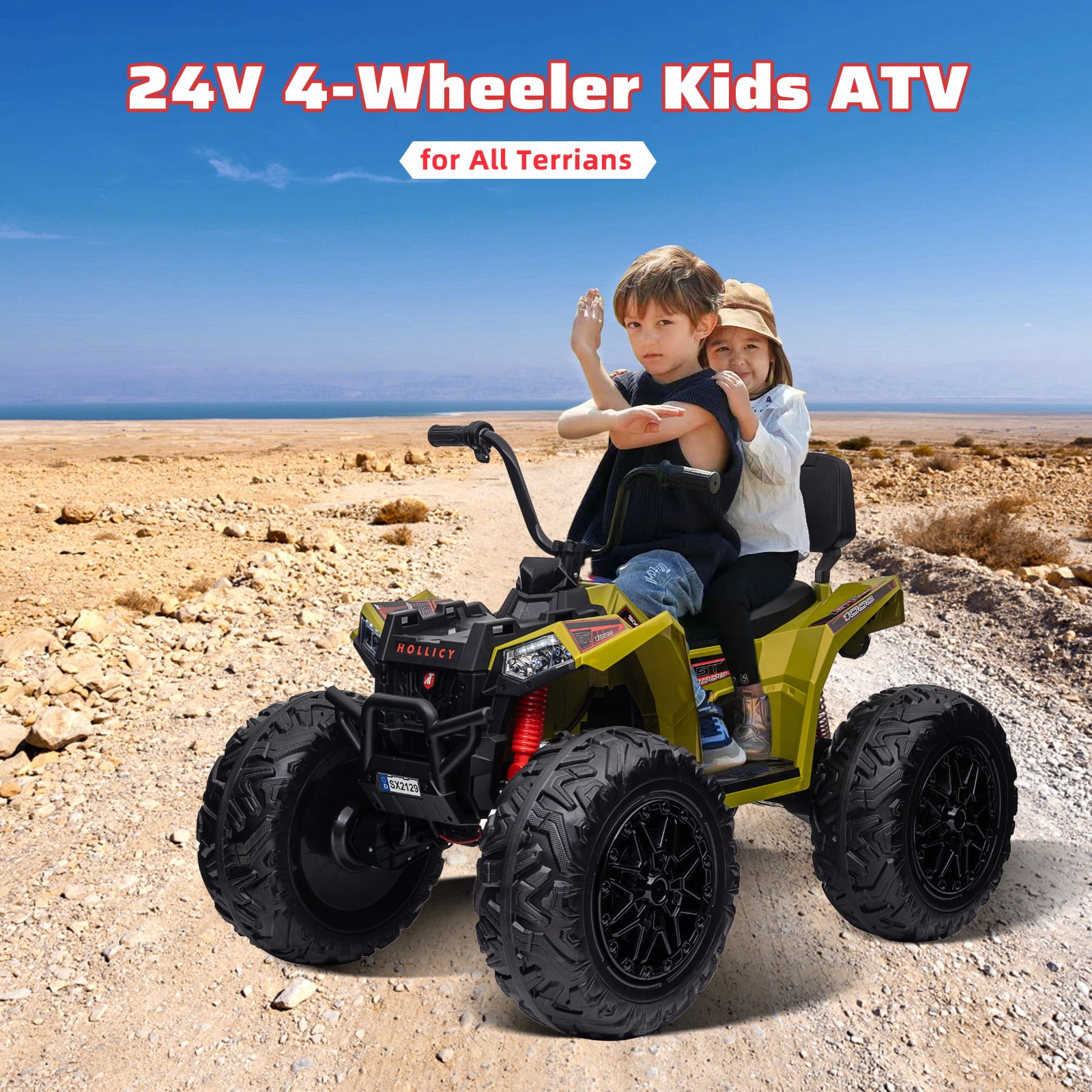 Telyswee Kids ATV 24V Ride on Car 4WD Quad Electric Vehicle, 4x80W Powerful Engine, with 7AHx2 Large Battery, Accelerator Handle, EVA Tires, LED Light, Full Metal Suspensions, Bluetooths & Music