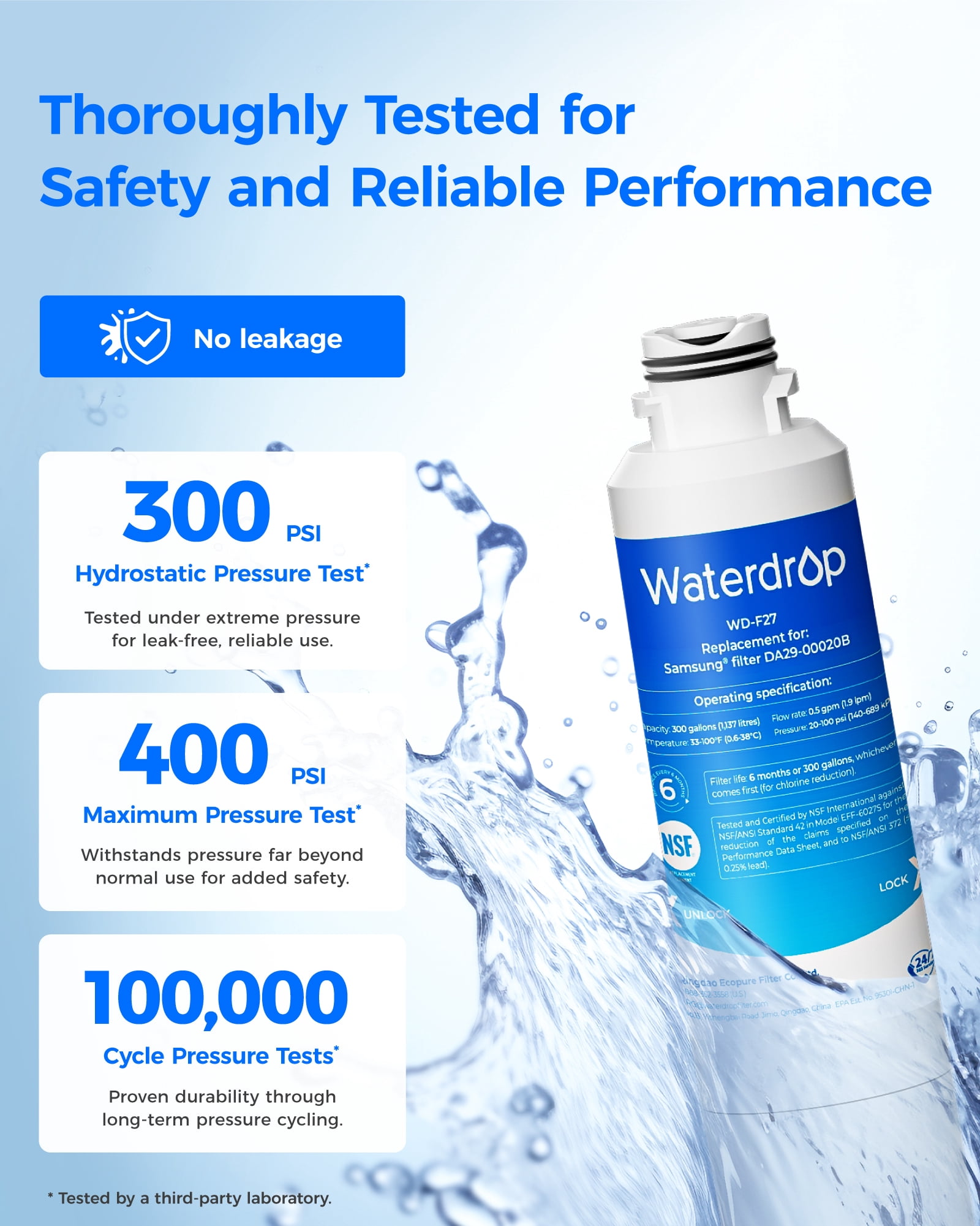 Waterdrop F27 Refrigerator Water Filter Replacement for Samsung®DA29-00020B HAF-CIN/EXP, HAF-CINRF28HMEDBSR, RF263BEAESR, RS25J500DSR, RF263TEAESG, HDX FMS-2, DA97-08006A-1,2 pack