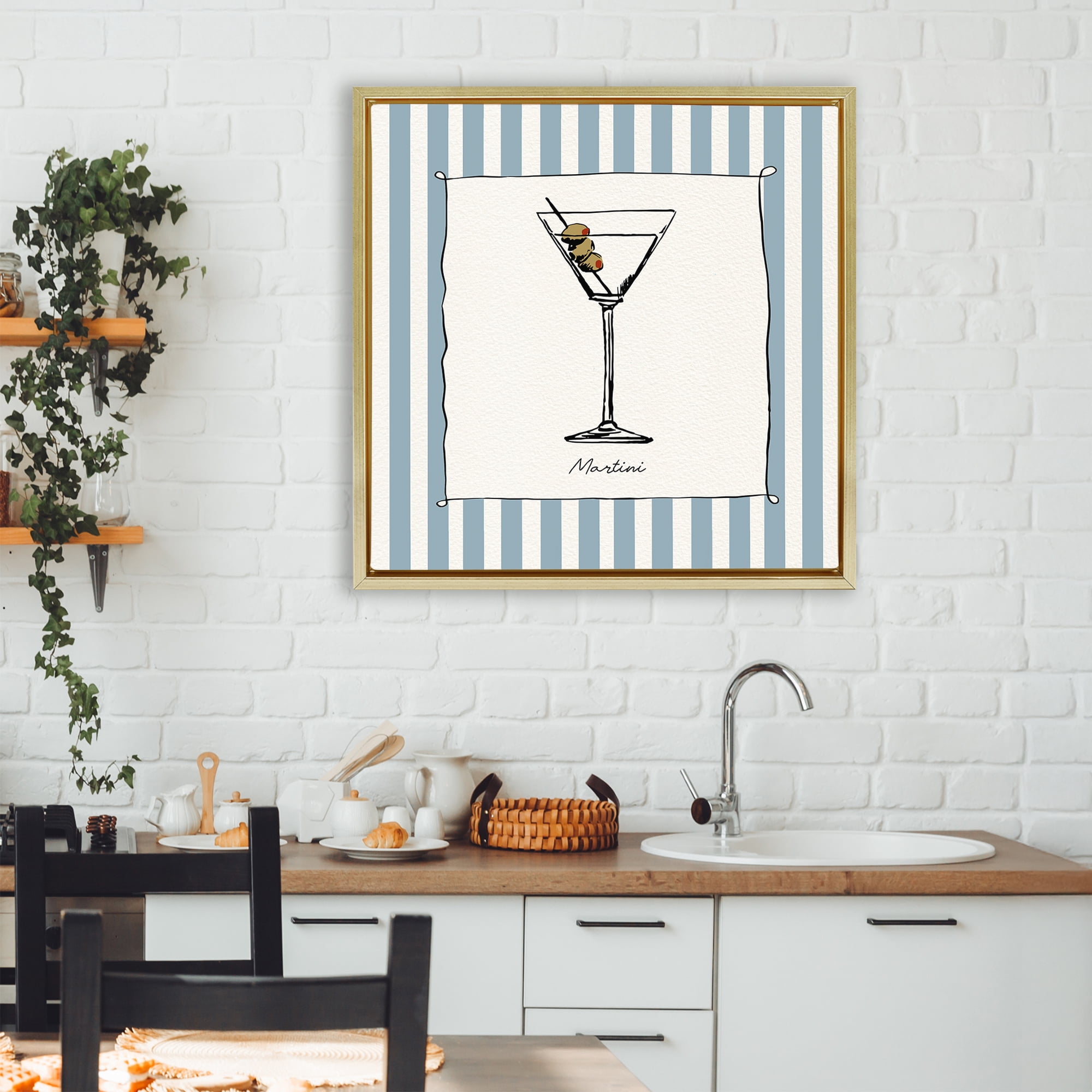 Stupell Industries Martini Summer Stripes Gold Framed Floater Canvas Wall Art, design by Susan Jill