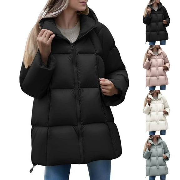 Oksale Womens Mid Length Puffer Jackets Cotton Full Zip Quilted Coats Thermal Winter Overcoats with Pockets Cozy Long Sleeve Parka Clothes Blue S