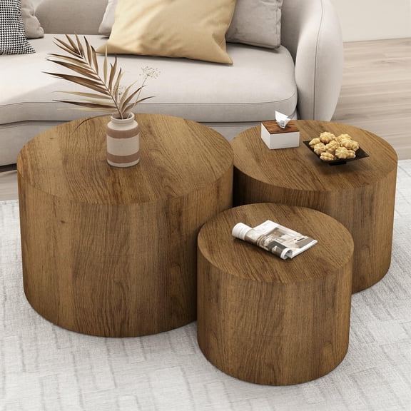 LAZZO Nesting Round Coffee Table Set of 3, Modern Wooden Accent Side Table, Space-Saving Table for Living Room Bedroom, Brown