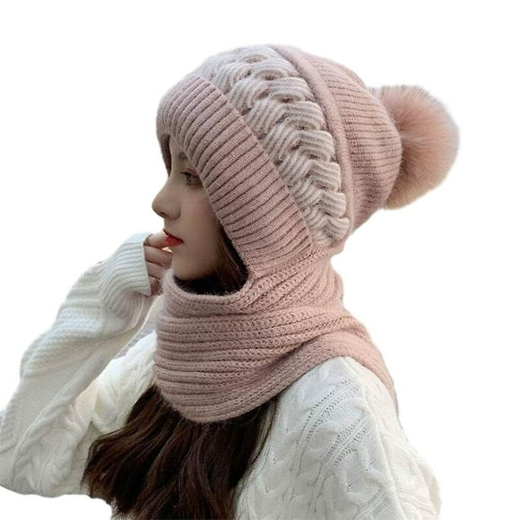 Women 2 In 1 Scarf And Hat Ladies Winter Thermal Knitted Beanie Hat Fleece Pom Pom Neck Warmer Hat