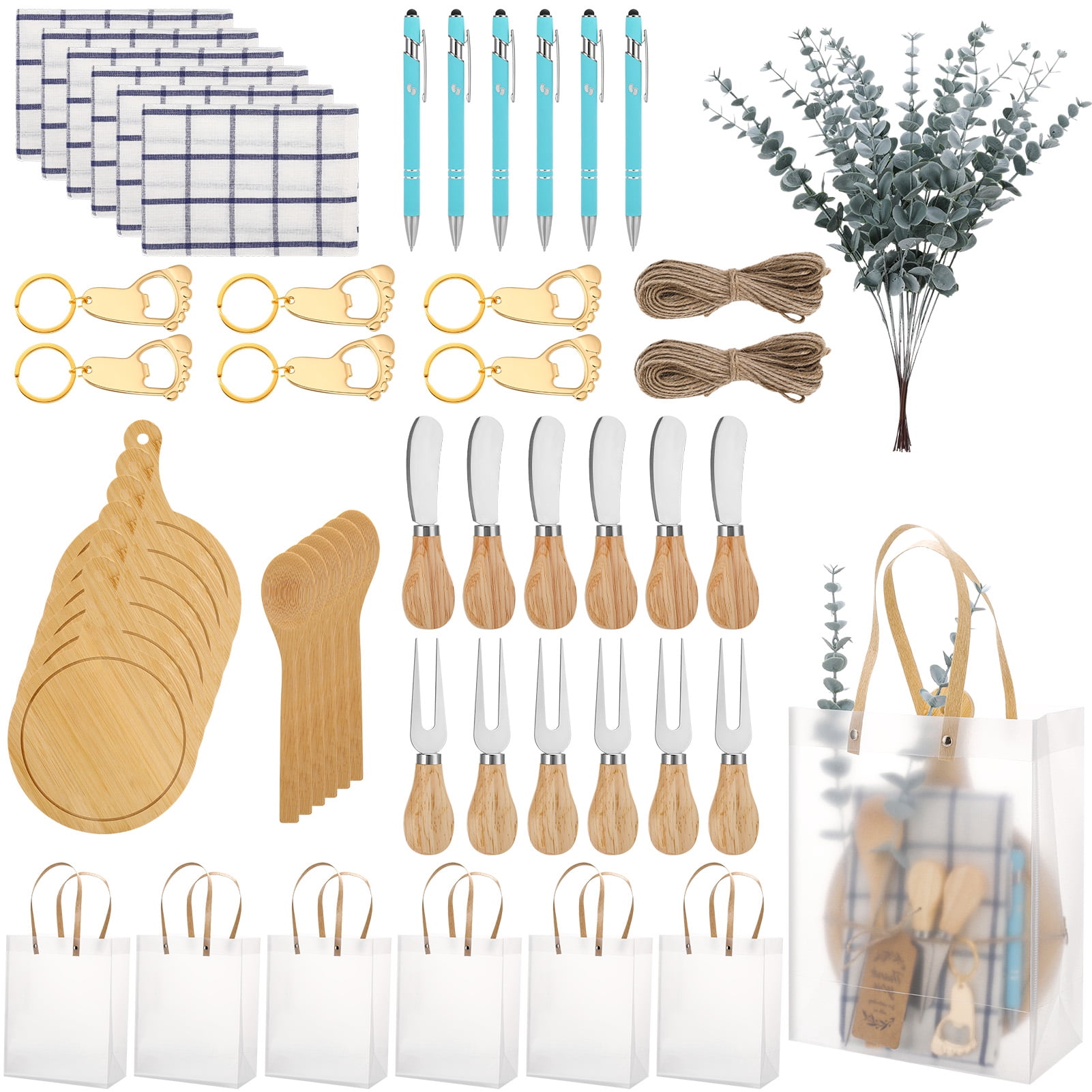 sixwipe 80 PCS Baby Shower Prizes for Game Winners, 6 Set Gift Bags with Cheese Boards,Spoons,Plaid Towels,Eucalyptus Stems,Thank You Cards,Perfect for Bridal Shower,Wedding
