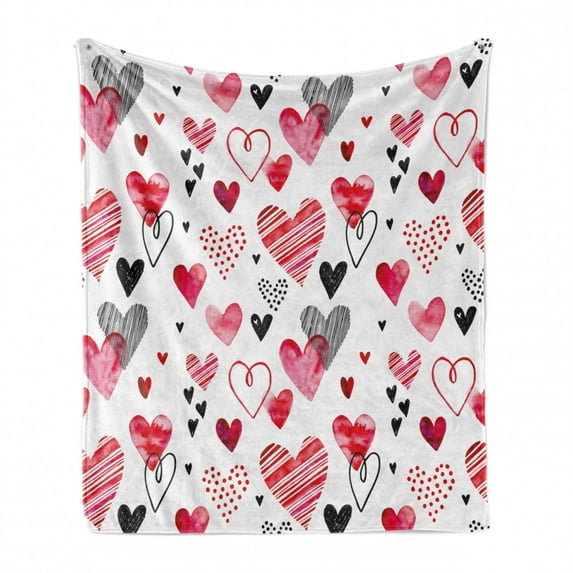 Valentine Soft Flannel Fleece Blanket, Different Types of Heart Shapes Romance Love Theme Watercolor Striped Art, Cozy Plush for Indoor and Outdoor Use, 60" x 80", Pink Black White, by Ambesonne