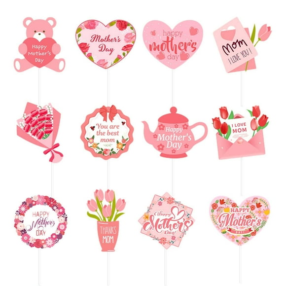 Aihimol 12 Pcs Pink Mother's Day Cupcake Toppers Best Mom Happy Mother's Day Theme Birthday Party Cake Decorations Supplies