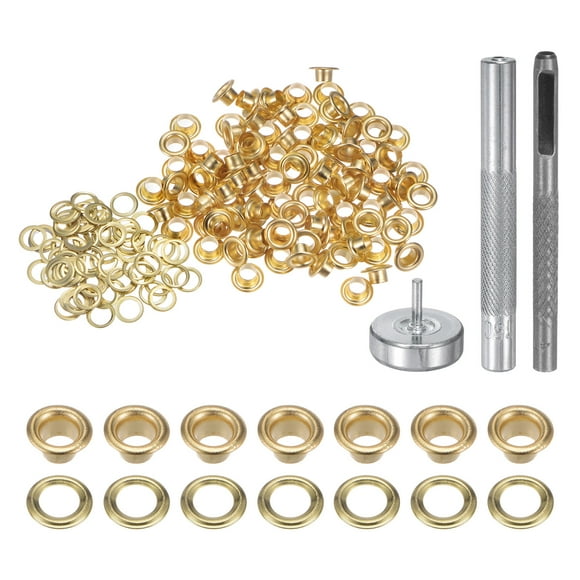 Unique Bargains 100pcs Grommet Tool Kit 4mm Grommet Eyelet Set with Hole Hollow Punch, Grommet Setter Tools, Gold Tone