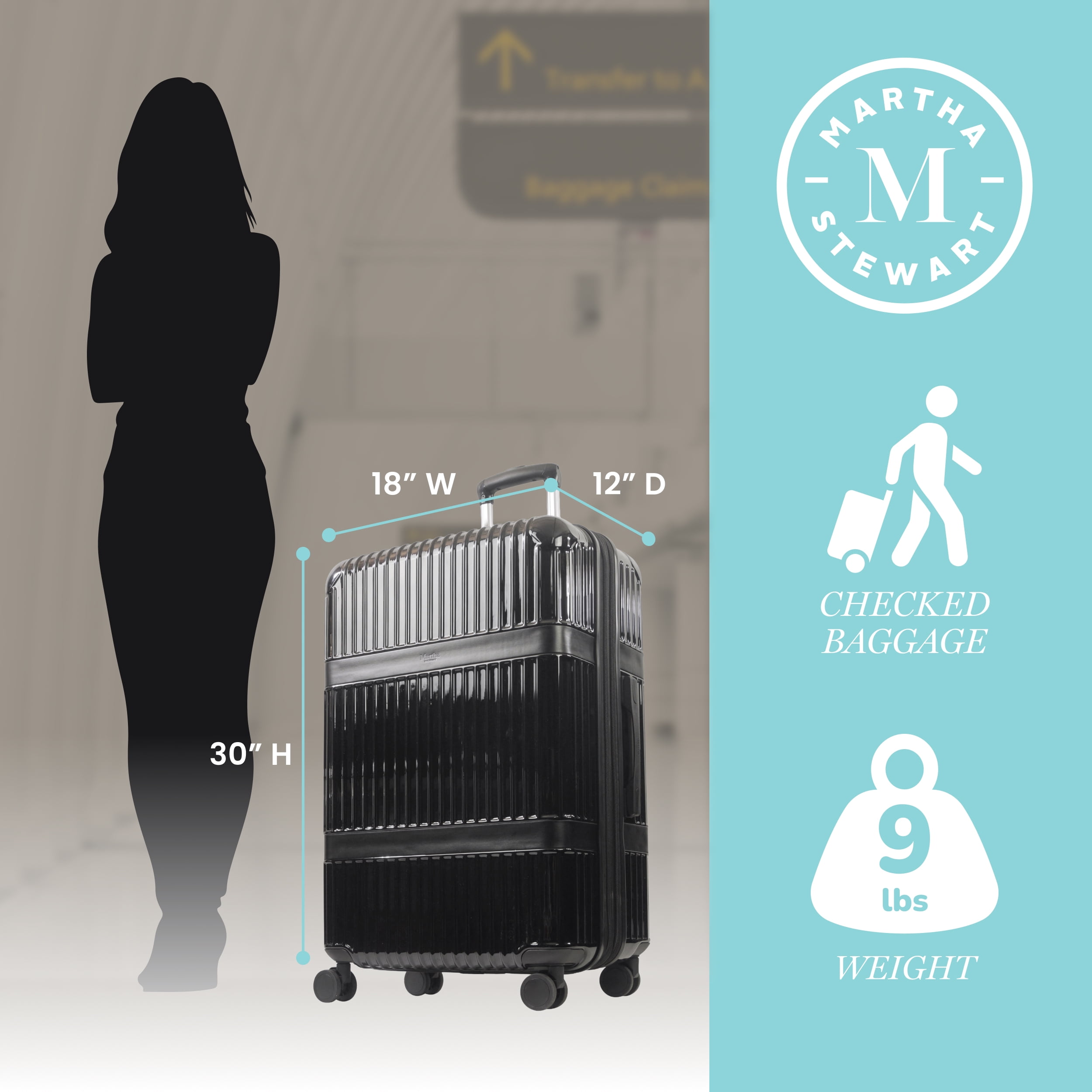 Martha Stewart The Bedford 30 Inch Rolling Luggage, Hardshell Suitcase with Spinner Wheels, Black