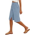 thumbnail image 4 of RYDCOT Shorts for Women Summer High Waisted Cotton Linen Dressy Casual Solid Color Wide Leg Slit Shorts Blue, 4 of 5