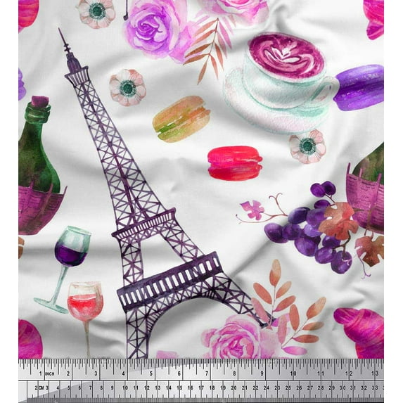Soimoi Cotton Voile Fabric Eiffel Tower,Floral & Wine Glass Fashion Printed Craft Fabric by The Yard 42 Inch Wide