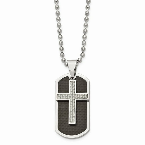 White Stainless Steel necklace with pendant Black Carbon Fiber Men's 24 in 2 mm