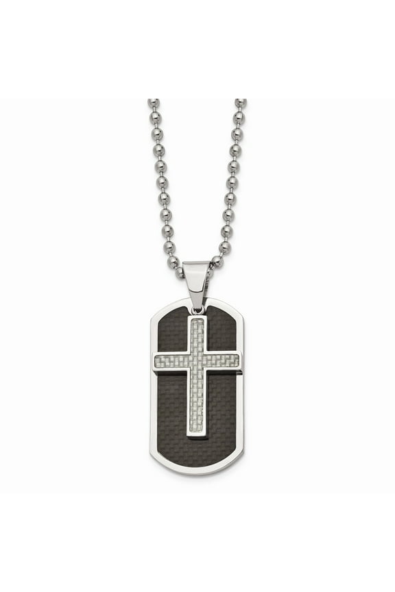 Stainless Steel Polished Blk/Grey Carbon Fiber Inlay Cross/DogTag Necklace; for Adults and Teens; for Women and Men