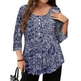 thumbnail image 2 of WellSize 3/4 Sleeve Plus Size Womens Blouses Casual Floral Pleats Tops Summer Crewneck Shirts Tunic Curved Hem Blouses, 2 of 8