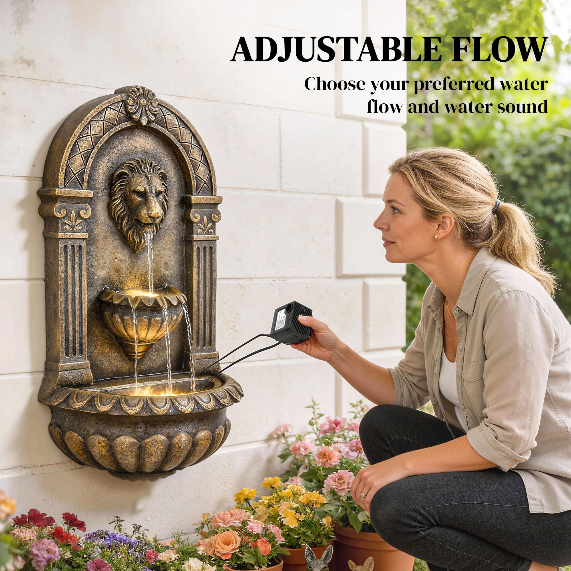 Dranite 31" Wall-Mounted Outdoor Fountain, 3-Tier Cascading Waterfall with LED Lights & Adjustable Flow