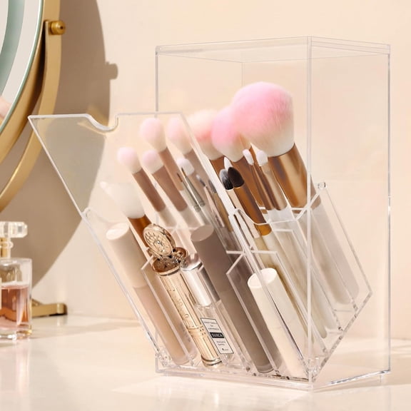 Makeup Brush Holder with Slanted Flip-Top Lid - Clear Dustproof Cosmetic Make up Brush Organizer and Storage Box