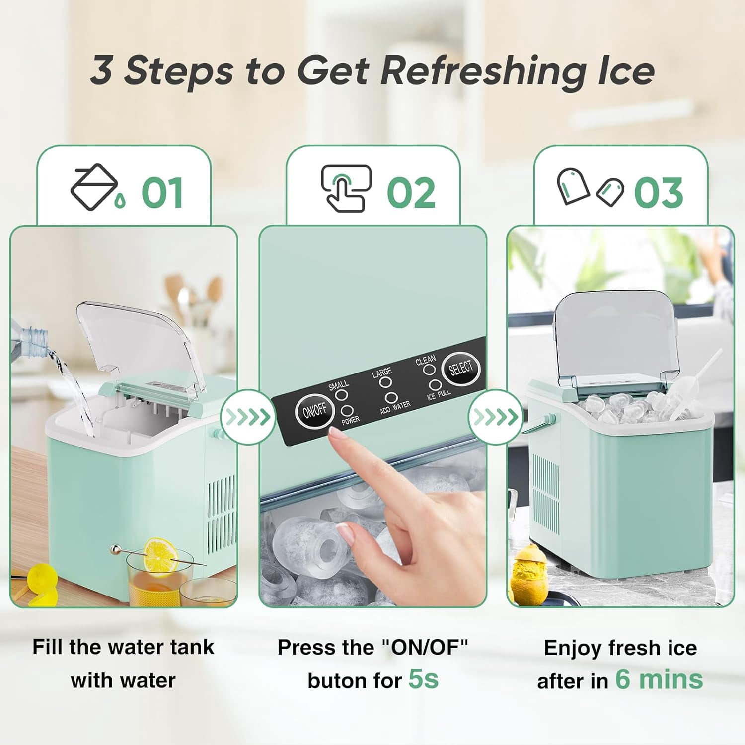 Portable Ice Maker with Handle, 26lbs/24H Compact Ice Machine, 9 Bullet Ice Cubes Ready in 6 Minutes, Self-Cleaning, Quiet for Home Kitchen RV Camping, Pink