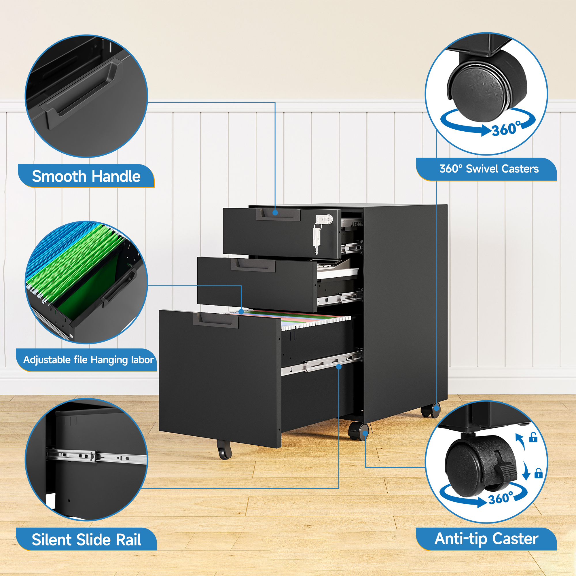 Fesbos Metal Mobile File Cabinet with Lock, 3 Drawer Rolling Filing Cabinets for Home Office, Fully Assembled, Black, 23.6"H*17.32"D* 14.6"W, Fits Letter/Legal/A4 Size Files